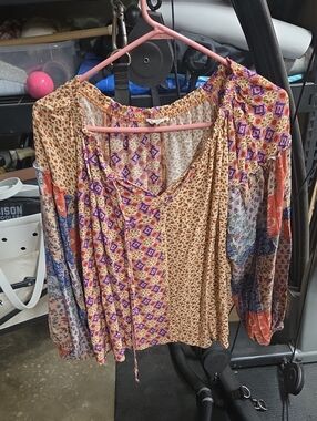 easel Multicolor Patchwork Boho Blouse in Tan, Purple, Blue, Orange